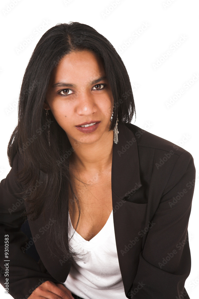 African businesswoman in black office outfit on a white