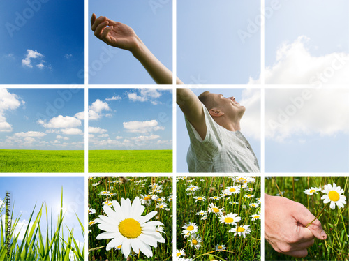 collage of summer photos yang man are taiking energy from nature photo