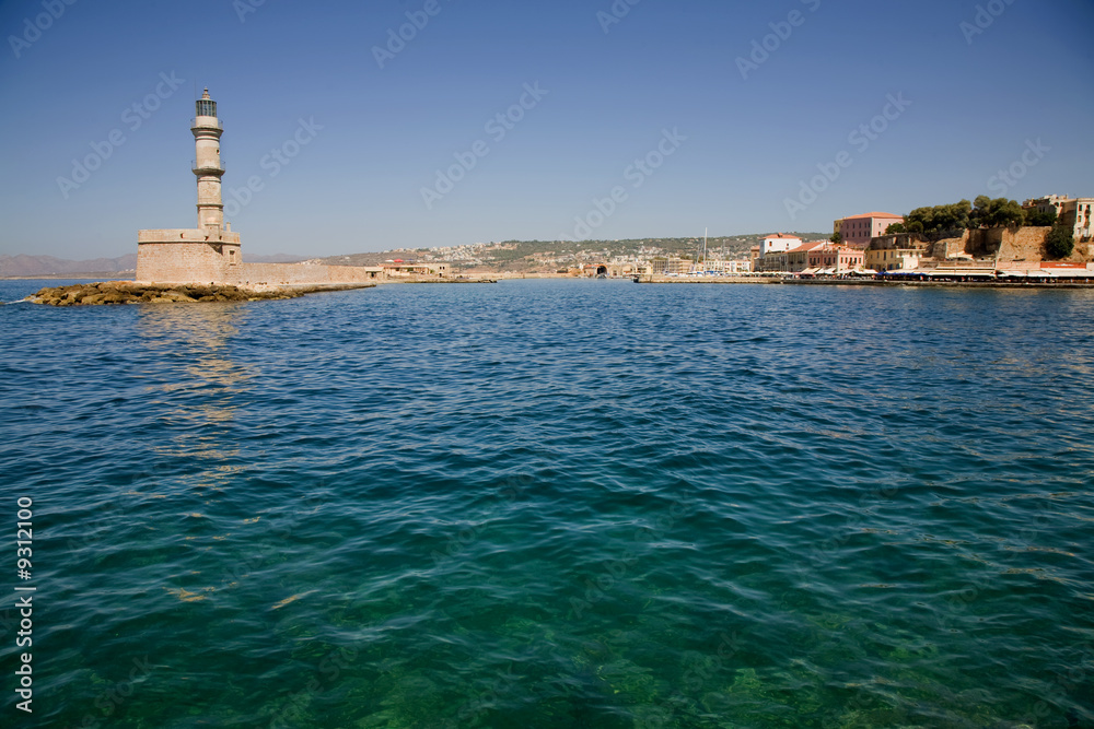 venetian port with lighthouse of Chania, greek island of crete