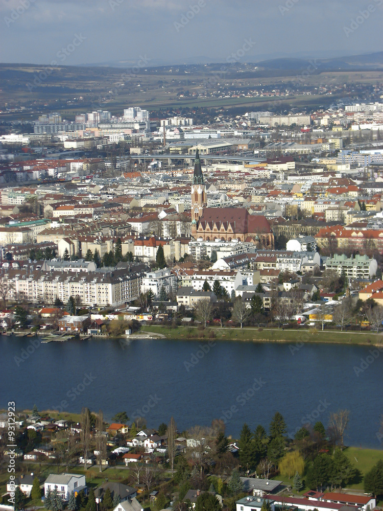 Overview of Vienna with the Donau River in foreground