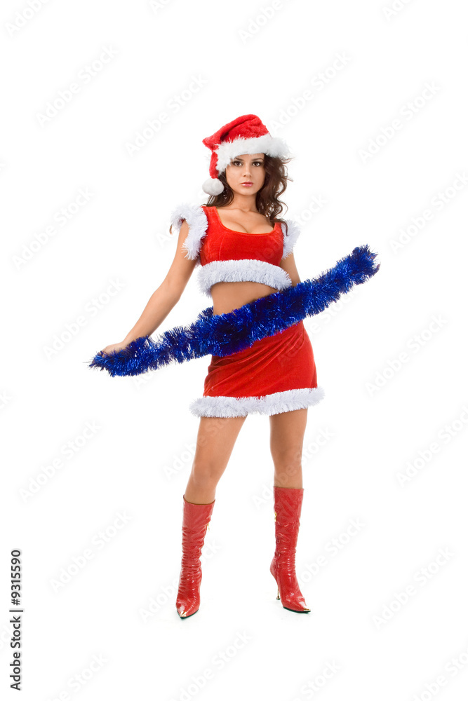 Beautiful girl derssed for christmas with blue garland Beautiful girl derssed for christmas with blue garland