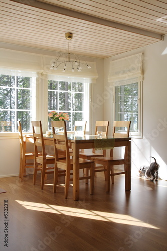 Interior of a home, dining room and dog