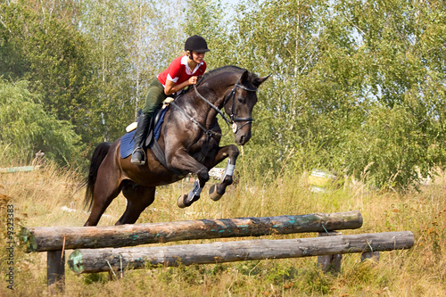 Girl riding on horse and jumping over hurdle