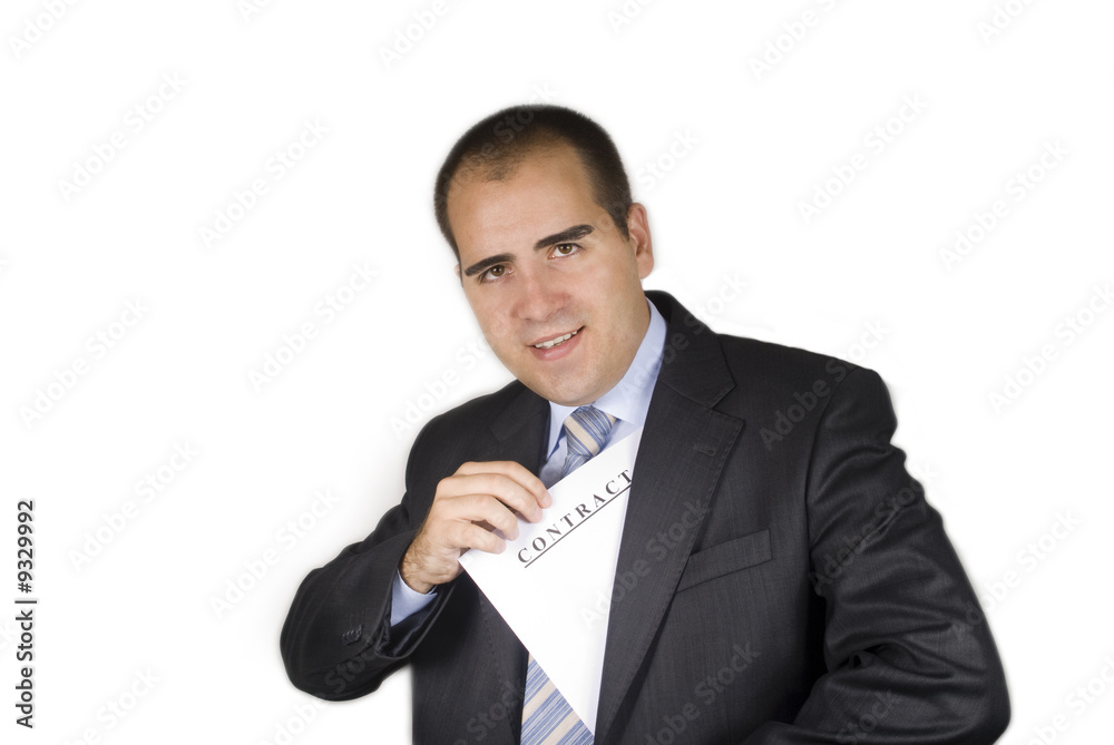 Smiling businessman with a contract in his pocket Smiling businessman with a contract in his pocket