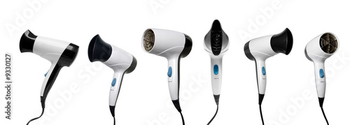 Six hairdriers of white color is isolated on a white background