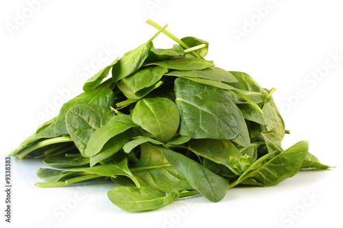 Pile of baby spinach leaves, on white background.