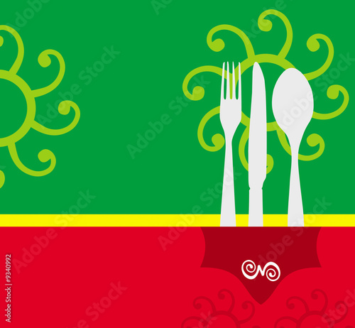 Menu card design with abstract sign and table ware