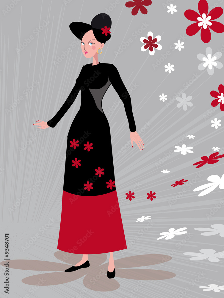 Fototapeta premium personnage féminin sur fond graphique gris avec fleurs rouges, b