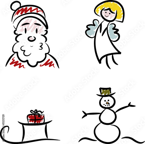 Weihnachtsmann, Engel, Schlitten und Schneemann
