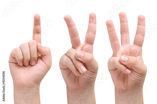 Child hands showing one, two and three fingers photo