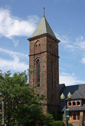 The stone tower of a church in NJ