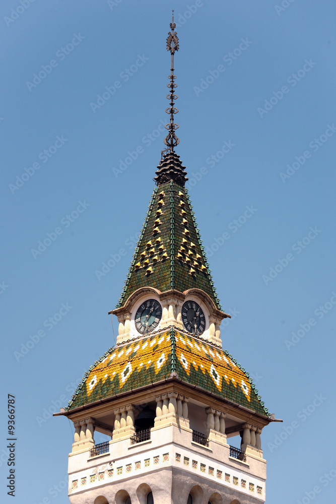 colorful tower with tiled roof in romania under blue sky