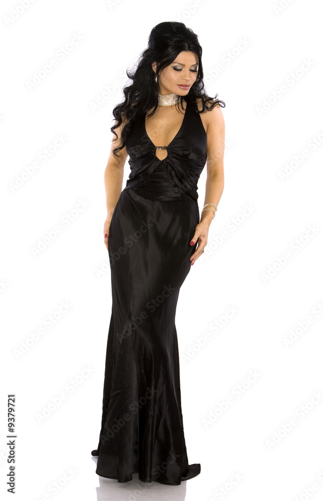 pretty woman wearing black dress on white background pretty woman wearing black dress on white background