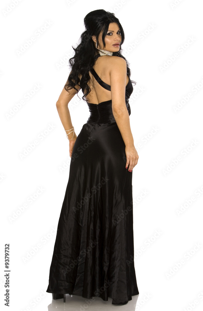 pretty woman wearing black dress on white background