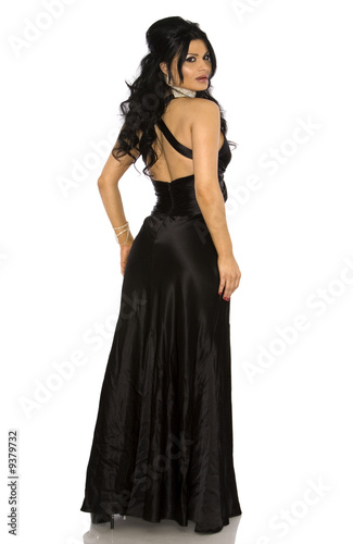 pretty woman wearing black dress on white background
