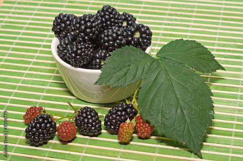 Slika na platnu Fresh blackberries in a white bowl on the table