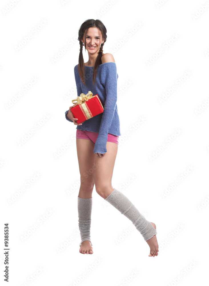 The girl with a gift in a red box The girl with a gift in a red box