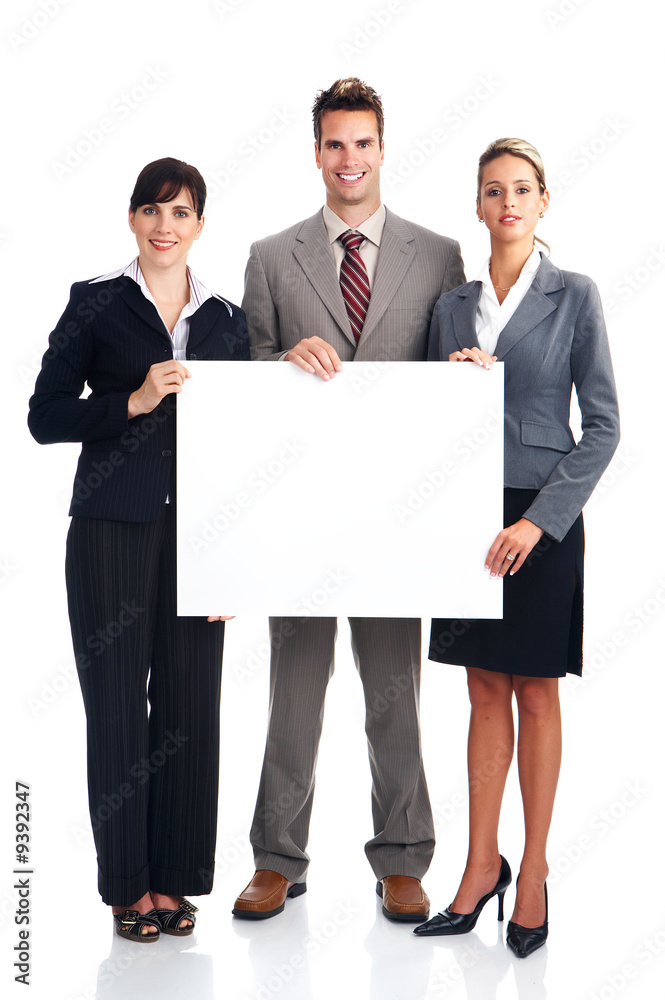 Business people with plackard. Over white background. Business people with plackard. Over white background.
