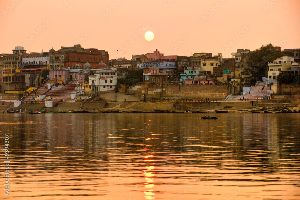 Varanasi at sunset, uttar Pradesh, from the gange river, India.