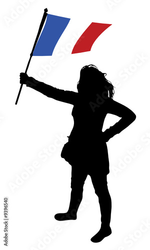 vector illustration of a young woman holding a flag of france