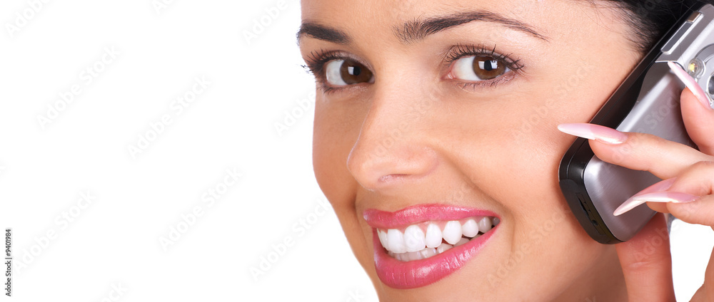 Young smiling woman calling by phone. Over white background. Young smiling woman calling by phone. Over white background.