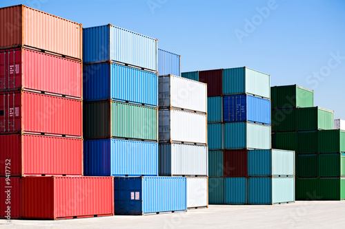 Canvas Print cargo shipping containers stacked at harbor freight terminal