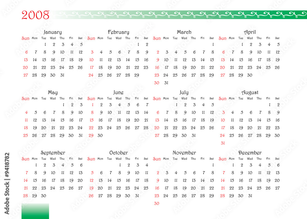 calendar grid of 2008 year with decorated font and ornament