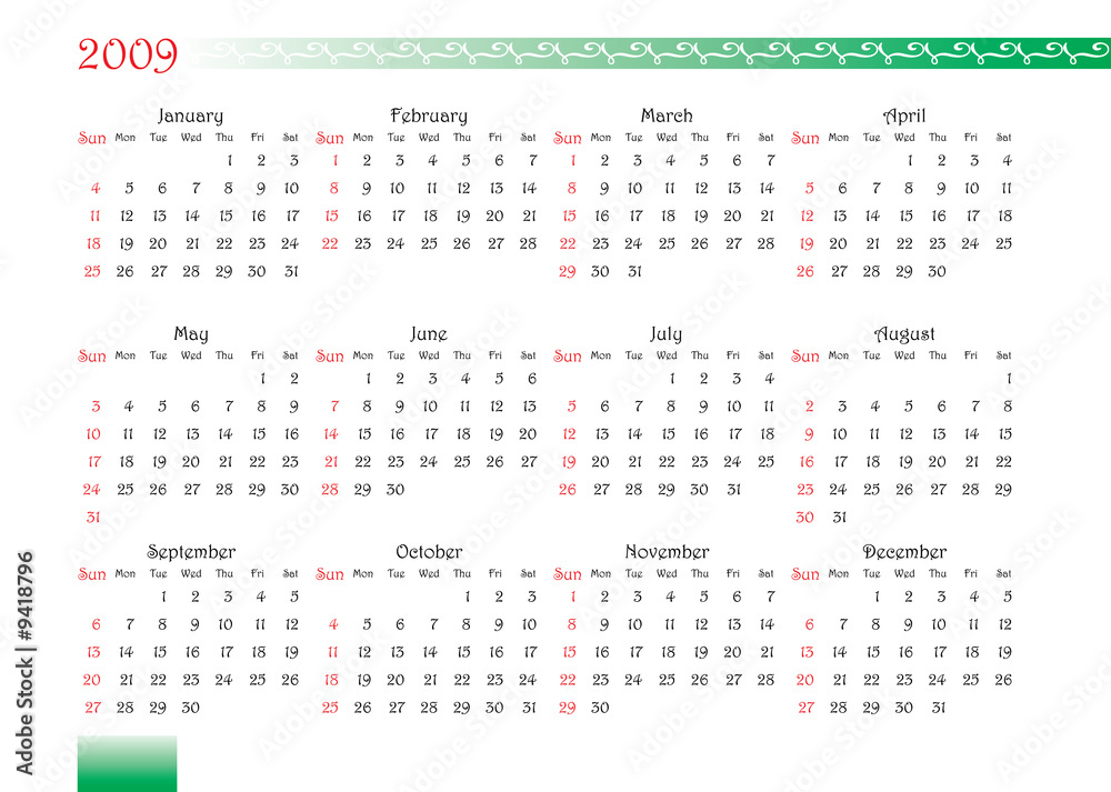 calendar grid of 2009 year with decorated font and ornament