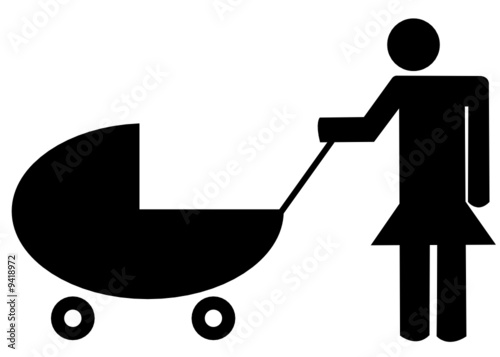 mother pushing baby buggy or stroller - illustration