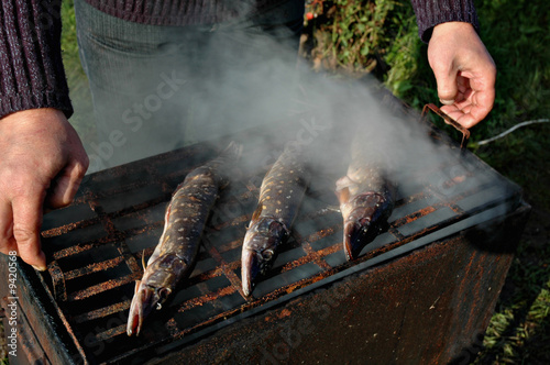 Installation of a lattice with the prepared fish in a grill