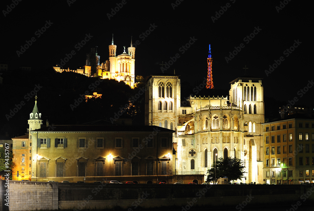France, Lyon; a night view of Saint John Cathedral