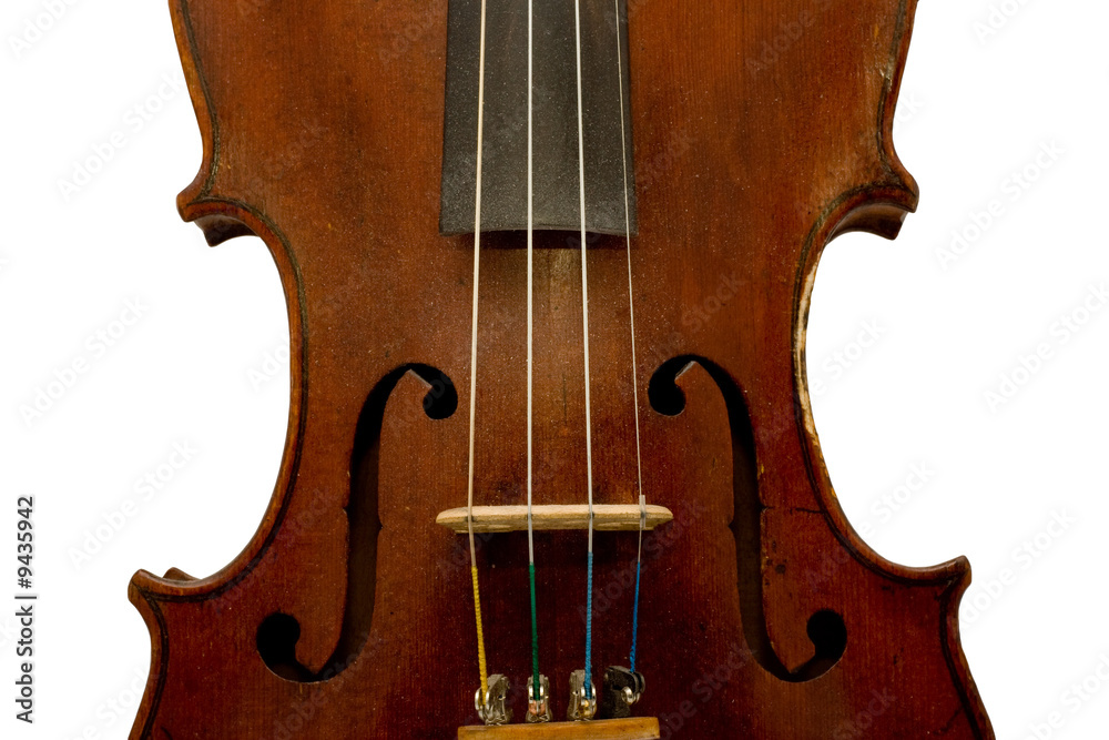 An old violin front view on isolated white background An old violin front view on isolated white background