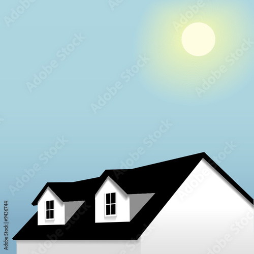 home roof with dormers on blue sky & sun background