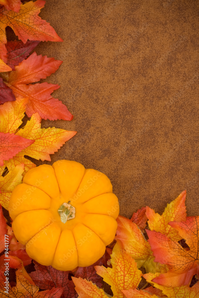 Fall leaves with orange gourd on brown background Fall leaves with orange gourd on brown background