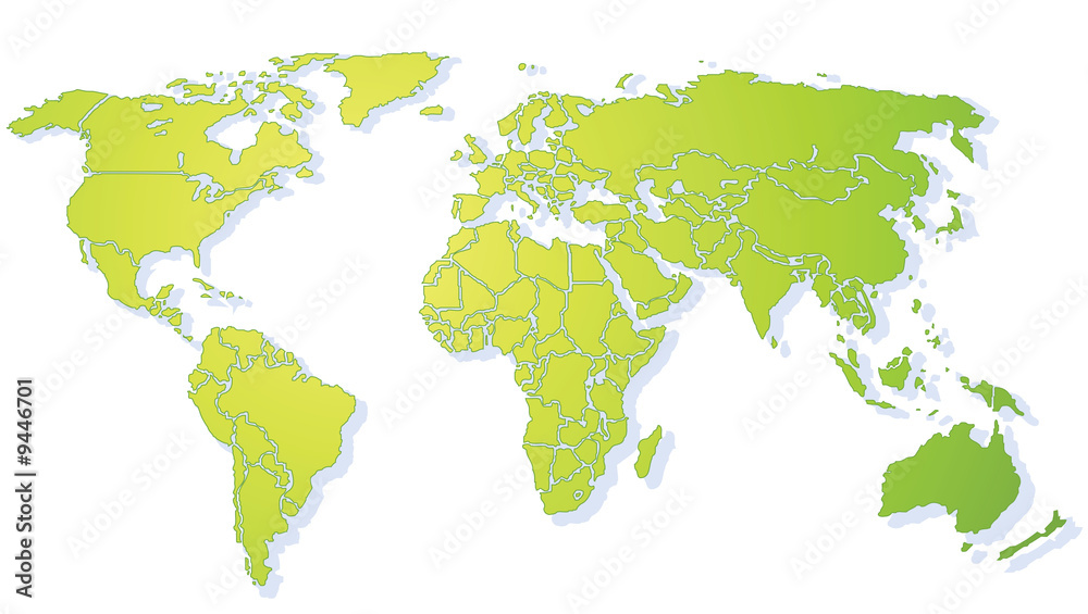 Bright green shiny stylized World map, with drop shadow XXL Bright green shiny stylized World map, with drop shadow XXL