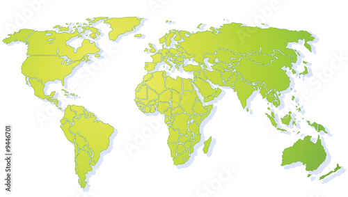 Bright green shiny stylized World map, with drop shadow XXL