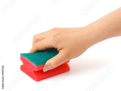 Hand with cleaning sponge isolated on white background