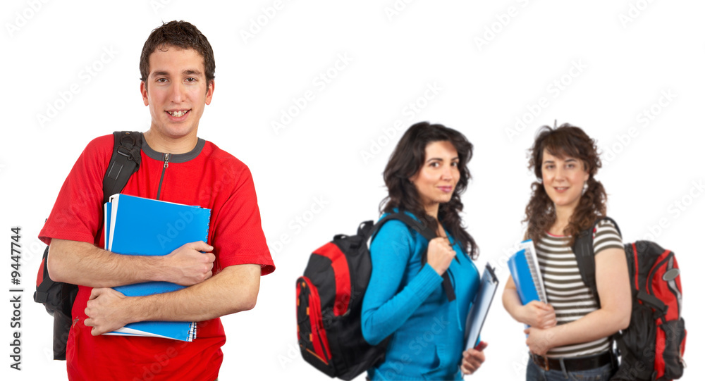 Students with books over a white background. Focus at front Students with books over a white background. Focus at front