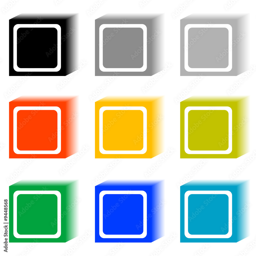 Set of cube buttons in nine different colors. Set of cube buttons in nine different colors.
