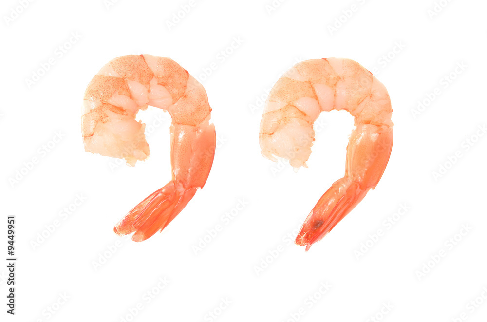 Pair of fantail prawns isolated on a white background