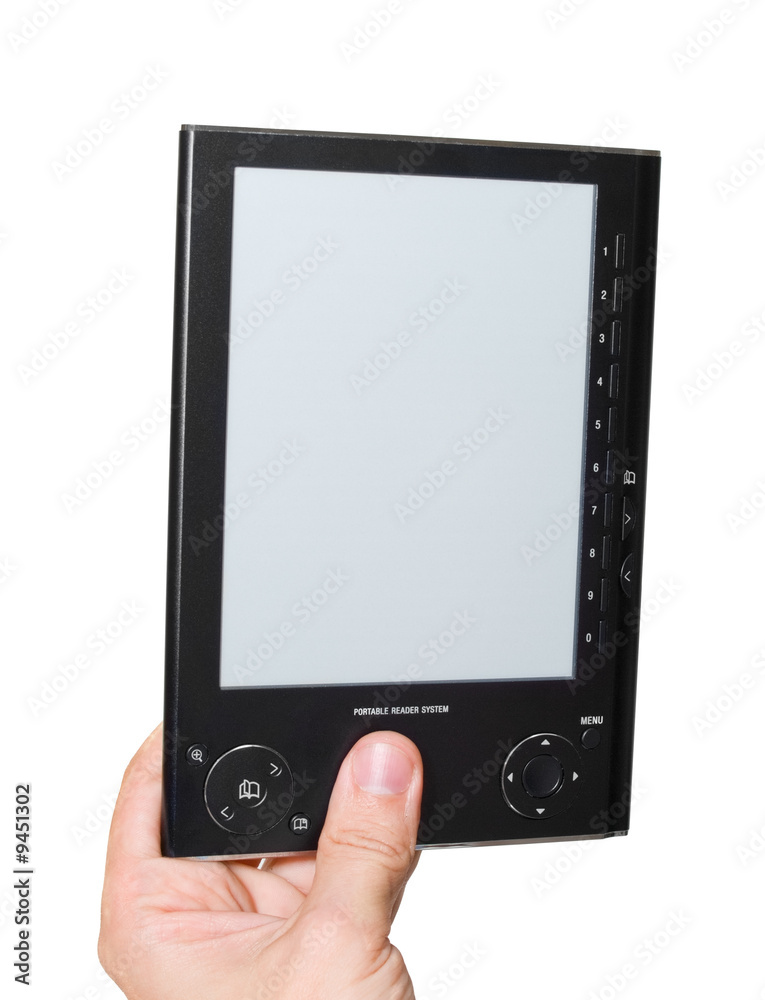 digital book reader in hand isolated over white digital book reader in hand isolated over white
