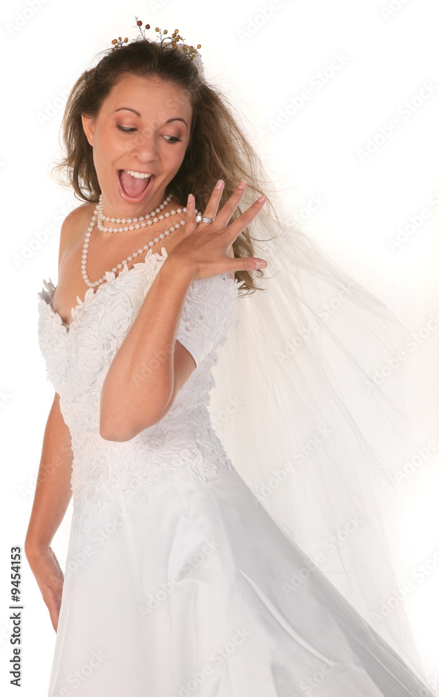 Happy Bride Gawking at Her Large 3 Carat Diamond  Wedding Ring