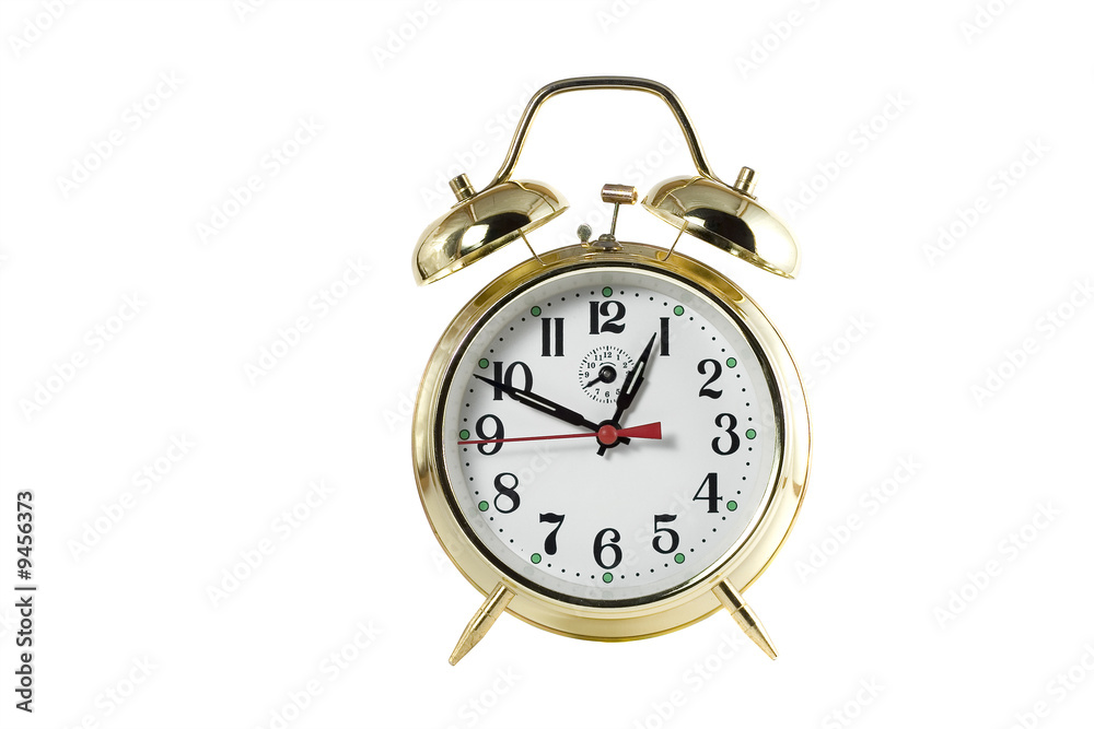 shiny yellow alarm clock on white background shiny yellow alarm clock on white background
