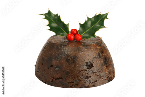 Fotografi Isolated Christmas pudding with holly & berries