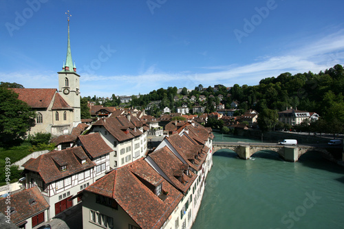 Bern cityscape. Nydeggkirche (Nydegg Church). Swiss city.