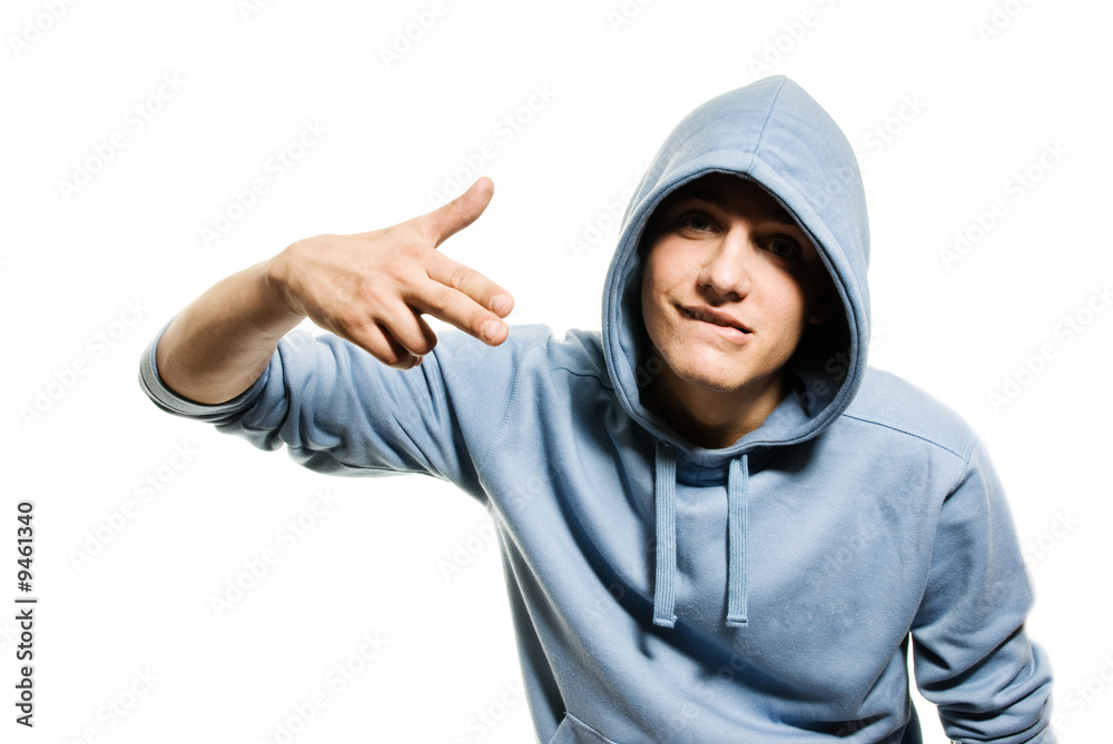Young handsome man in a hood isolated on white background Young handsome man in a hood isolated on white background