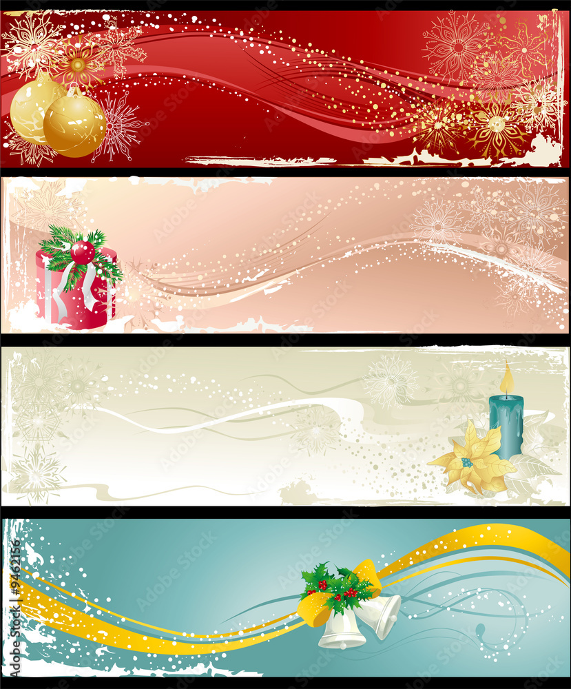 Naklejka premium Christmas banners with baubles, gift, candle and bells.