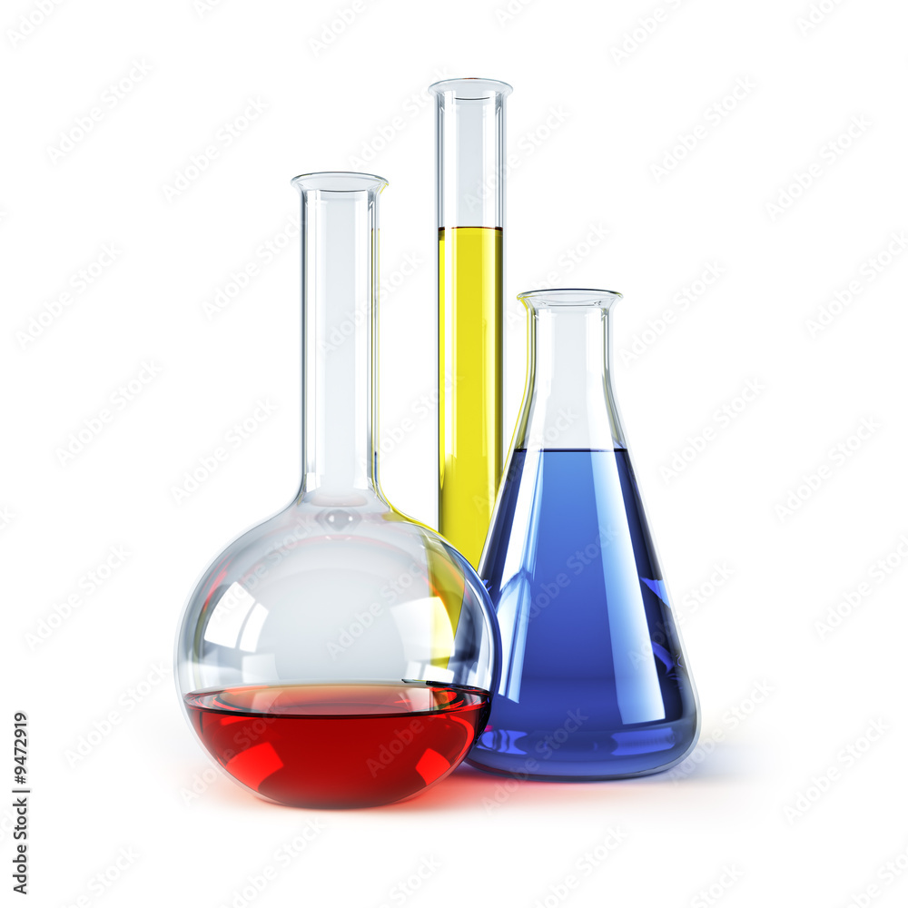 chemical flasks with reagents isolated 3d rendering chemical flasks with reagents isolated 3d rendering