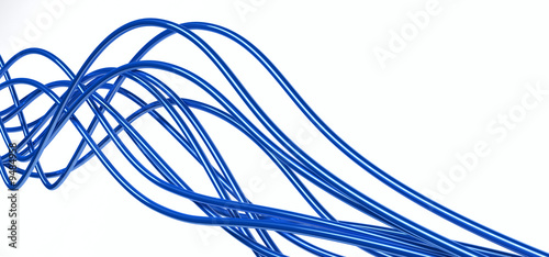 metallic fibre-optical blue cables on a white background