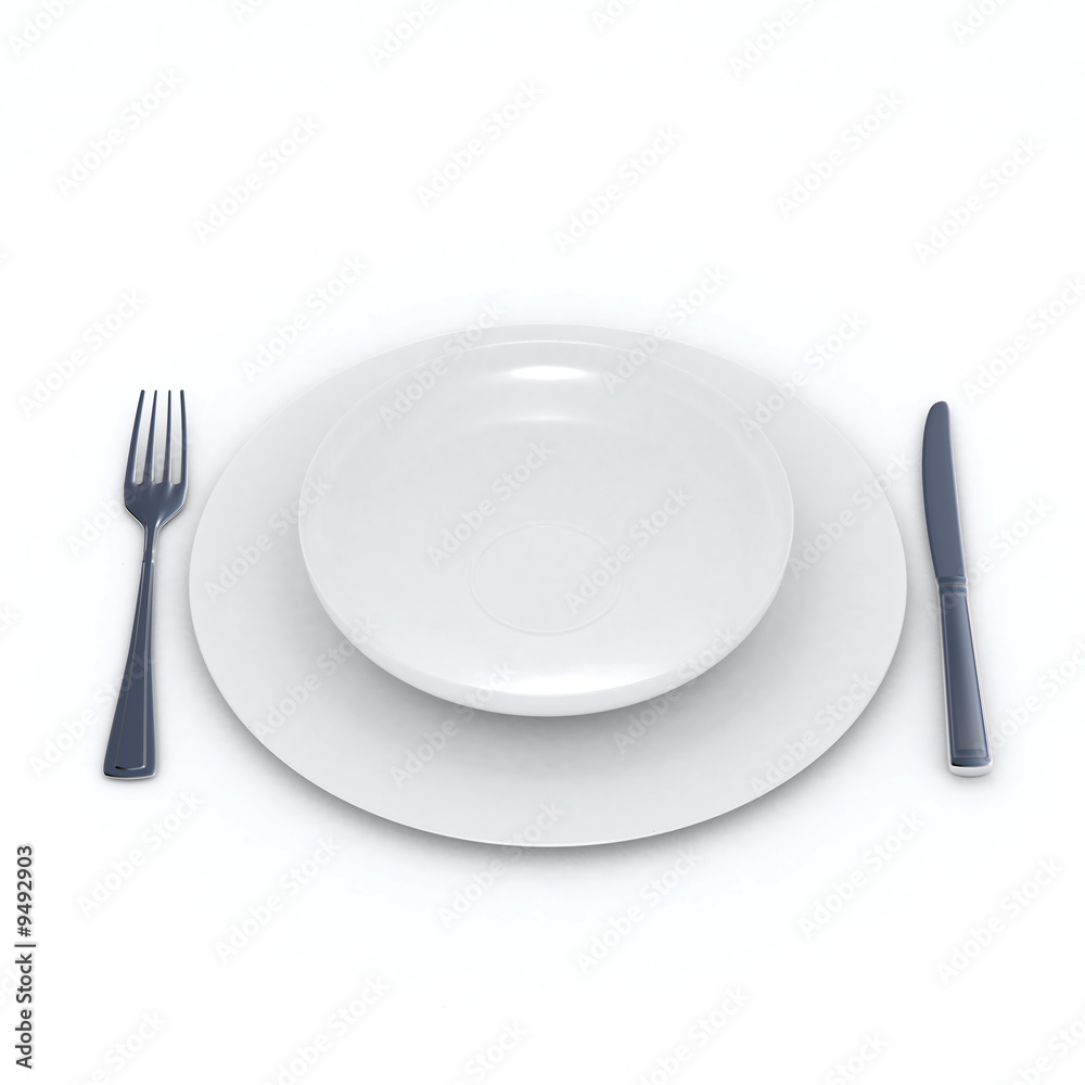 3D rendering of a place setting with two simple white dishes 3D rendering of a place setting with two simple white dishes